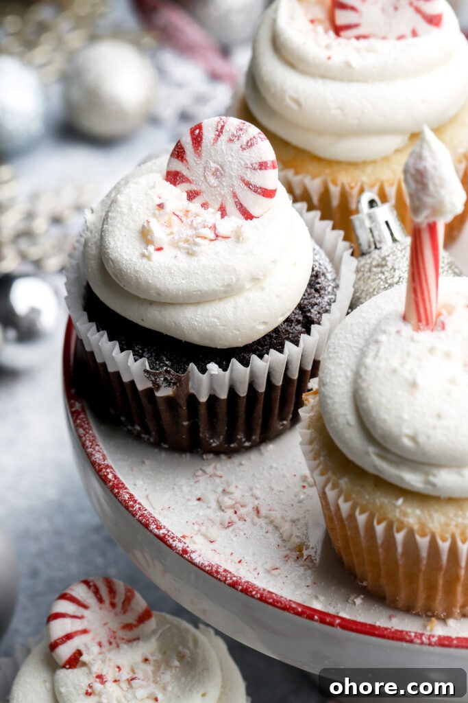 Refreshing Peppermint Cupcakes Recipe with Creamy Frosting 16 chocolate peppermint cupcakes frosted with north pole decoration