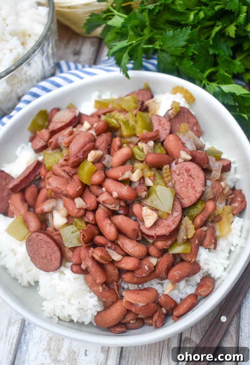slow cooker red beans and rice in a white bowl