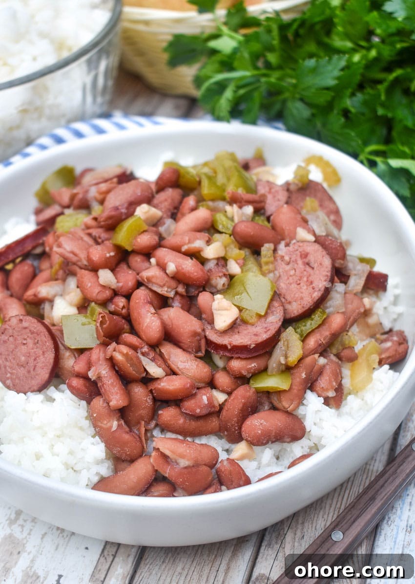 slow cooker red beans and rice in a white bowl