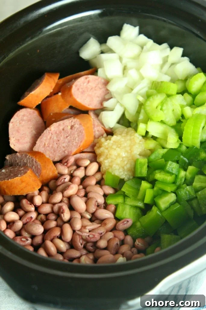 an overhead image showing the measured ingredients to make cajun red beans in a black crock