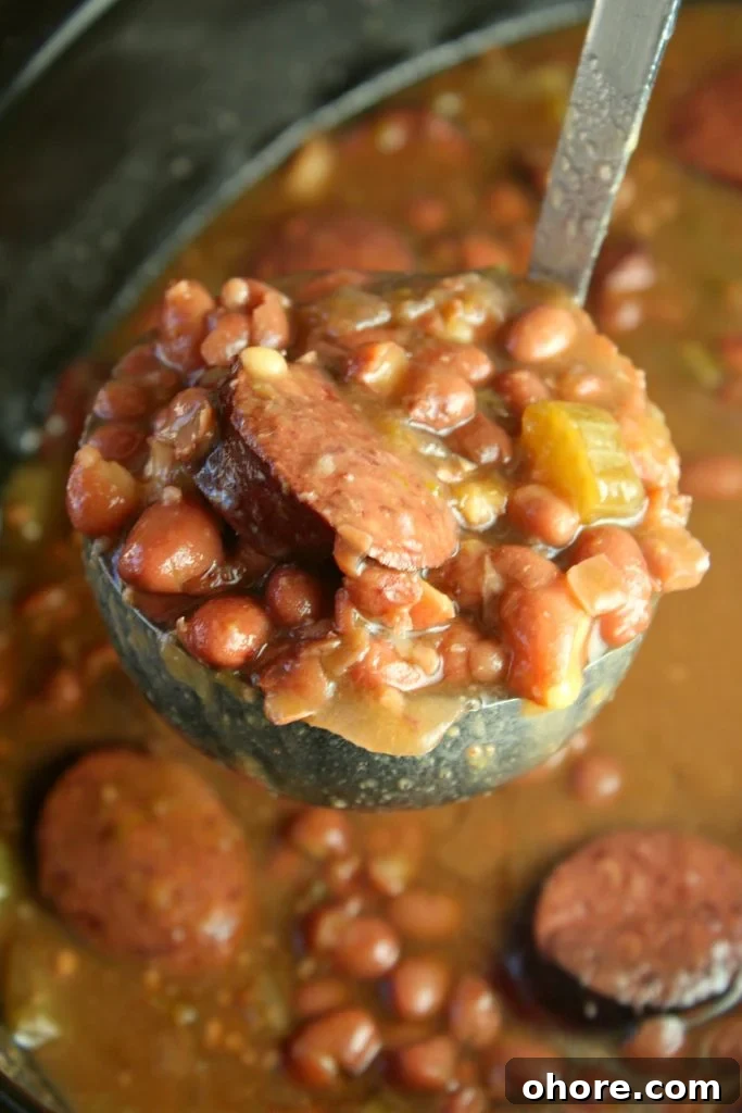 a silver ladle holding up a scoop of slow cooker cajun red beans and rice
