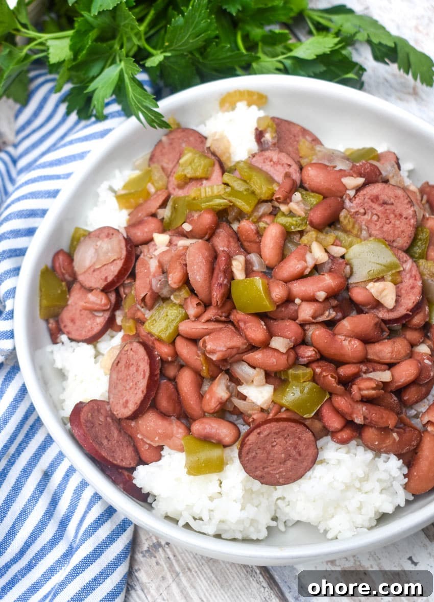 slow cooker red beans and rice in a white bowl