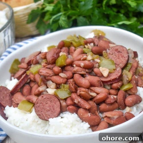 slow cooker red beans and rice in a white bowl