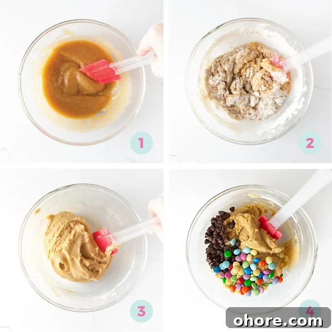 Chewy M&M Cookie Bars Recipe — Loaded Candy Cookie Bars 5 How to make M&M Cookie bars. Pictures of bowls mixing dough