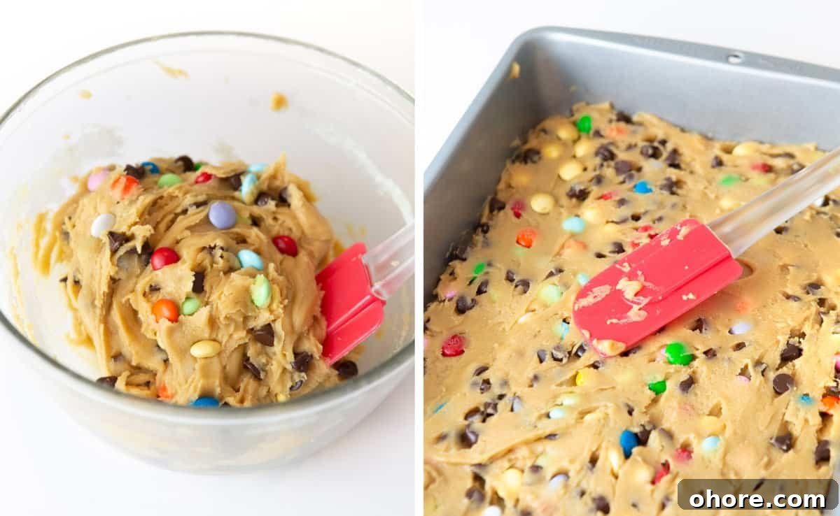 Chewy M&M Cookie Bars Recipe — Loaded Candy Cookie Bars 6 Unbaked dough for Chewy M&M Cookie bars