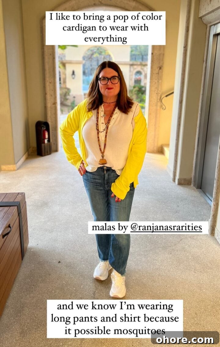 Mosquito Survival Guide: Teri’s Expert Tips for Avoiding Bites 7 woman in jeans and white shirt with yellow cardigan