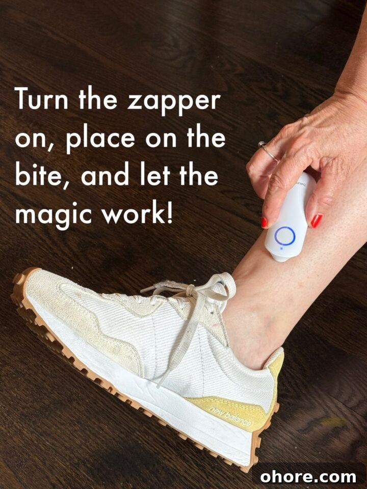 Mosquito Survival Guide: Teri’s Expert Tips for Avoiding Bites 8 Zapper device applying to skin on leg, wellness, home health tool, injury treatment, or massage art.