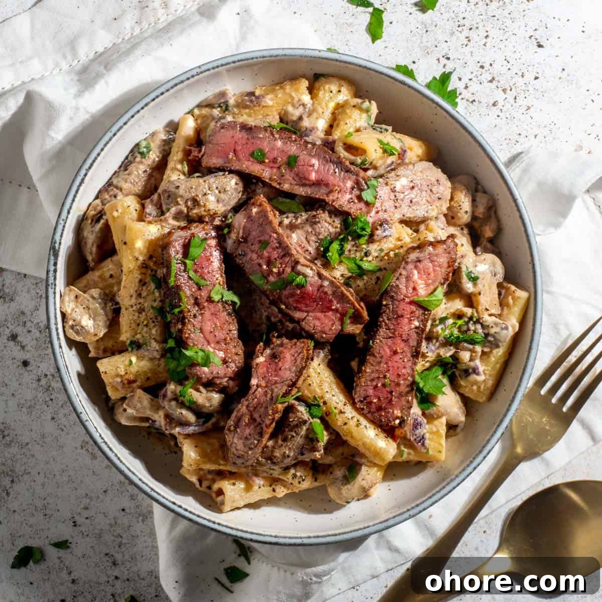 A bowl of creamy steak pasta on a white background.