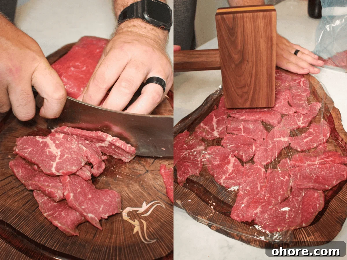 Spicy Honey Garlic Beef Jerky Recipe for Homemade Snacks 5 Cutting the beef round and flatting the slices with a mallet.
