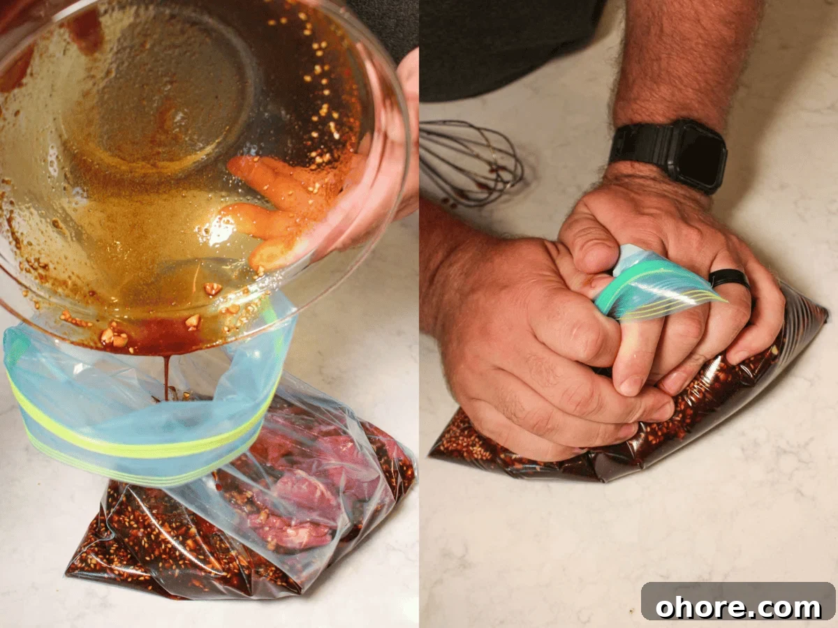 Spicy Honey Garlic Beef Jerky Recipe for Homemade Snacks 6 Adding the meat to the marinade in a bag for our beef jerky recipe.
