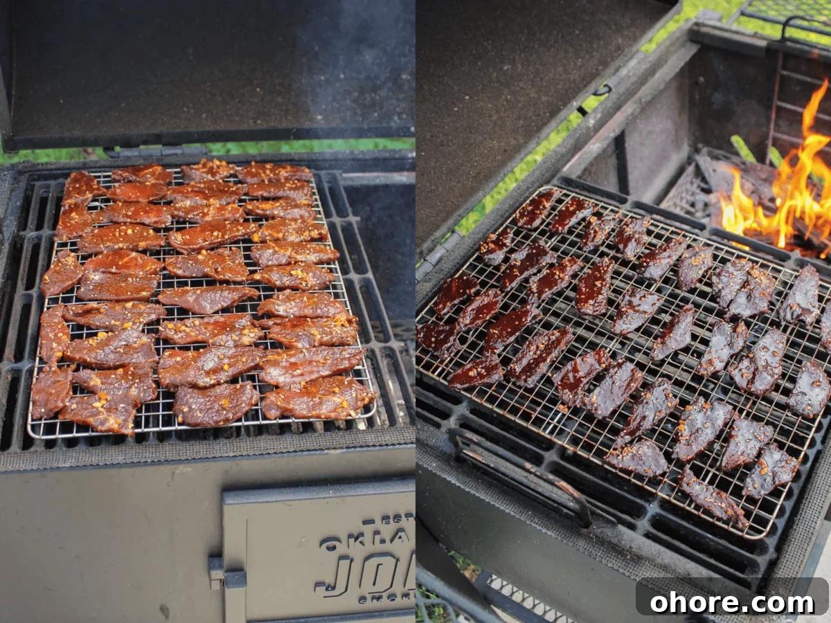 Spicy Honey Garlic Beef Jerky Recipe for Homemade Snacks 7 The beef jerky on a smoking rack to the Oklahoma Joe.