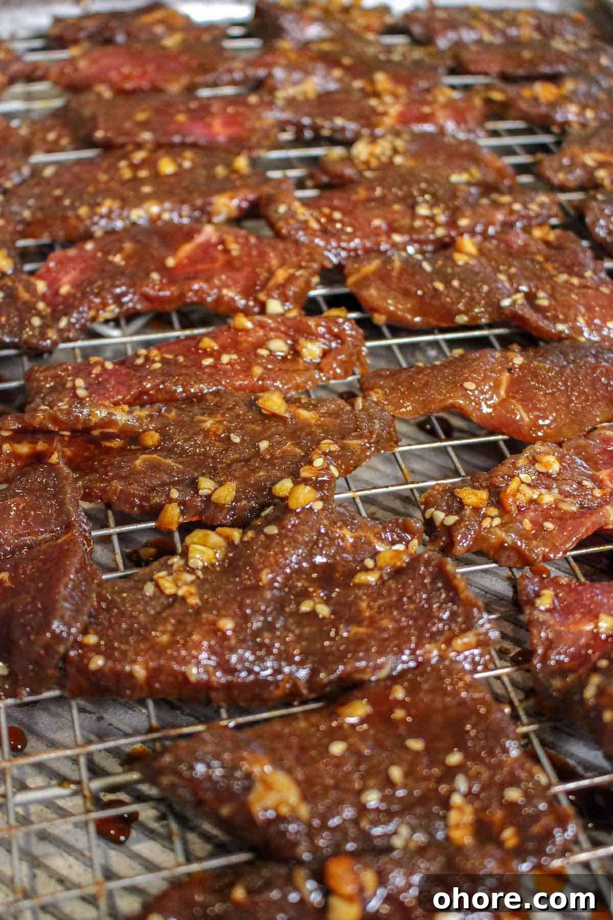 Spicy Honey Garlic Beef Jerky Recipe for Homemade Snacks 3 A close up shot of the raw, marinated beef jerky.
