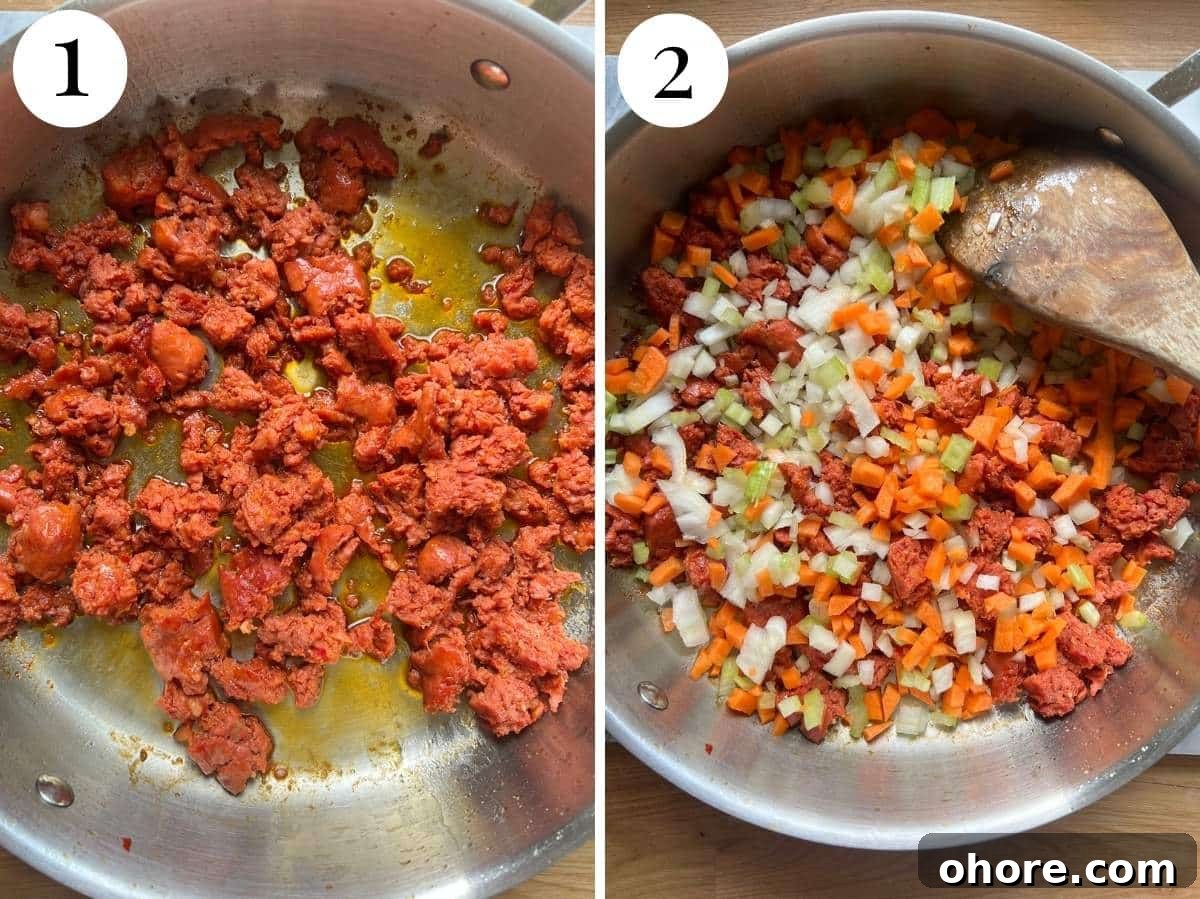 Two photos in a collage showing browned sausage meat and soffritto being added.