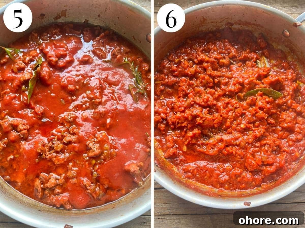 Two photos showing before and after simmering the ragu.