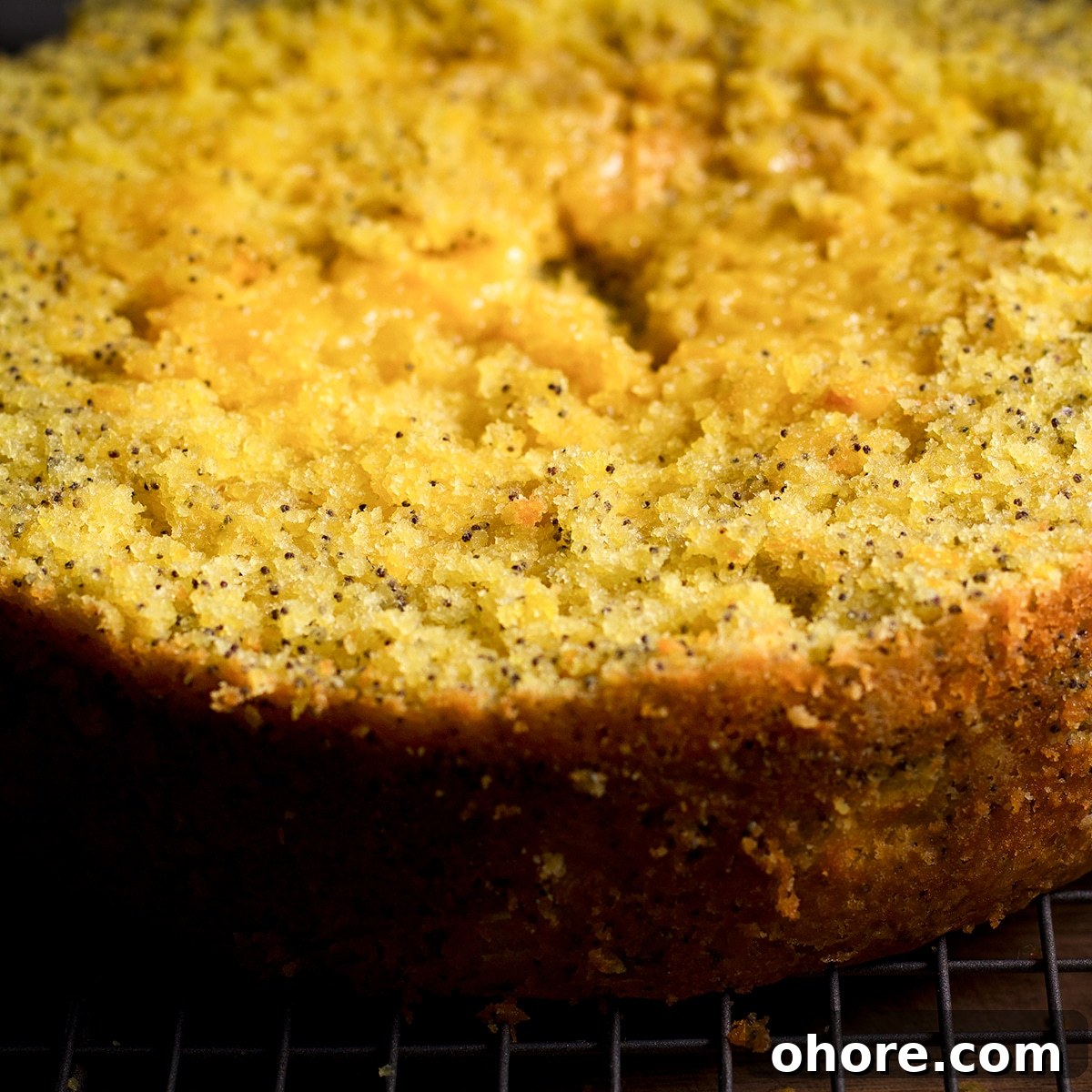 Orange Poppy Seed Cake with Mascarpone Frosting Recipe 17 An orange poppy seed cake that has been leveled so the top of the cake is flat.
