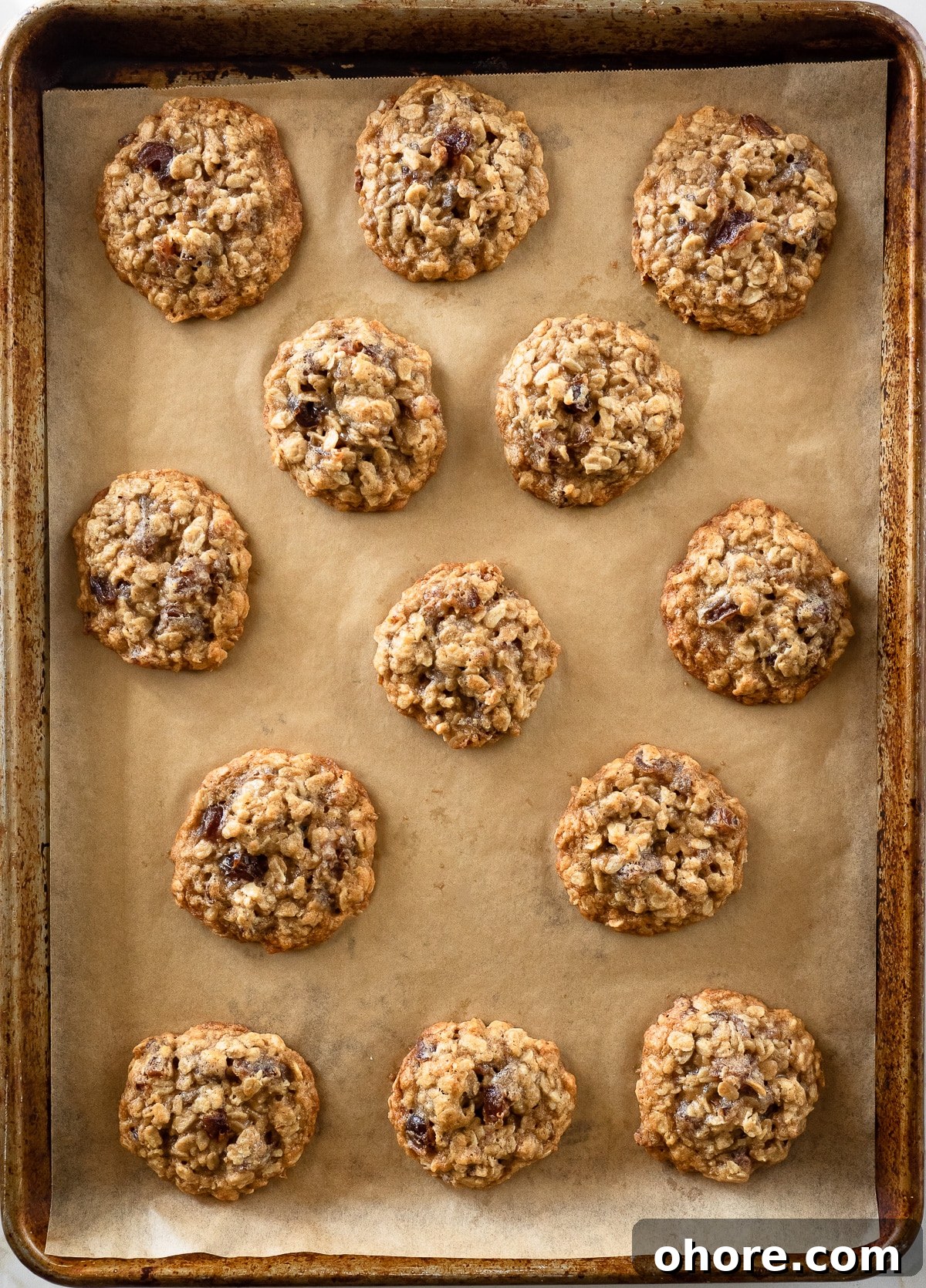 Chewy Oatmeal Cookies with Sweet Dates 5 Baked oatmeal date cookies on baking sheet.