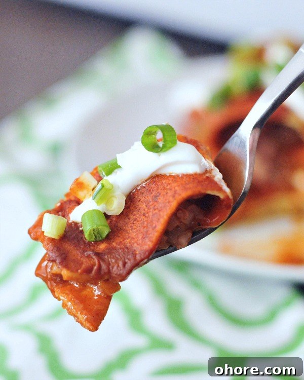 easy vegan enchilada recipe one bite of a Bean and Cauliflower Rice Enchilada on a fork, with a blurred background of a plate of enchiladas