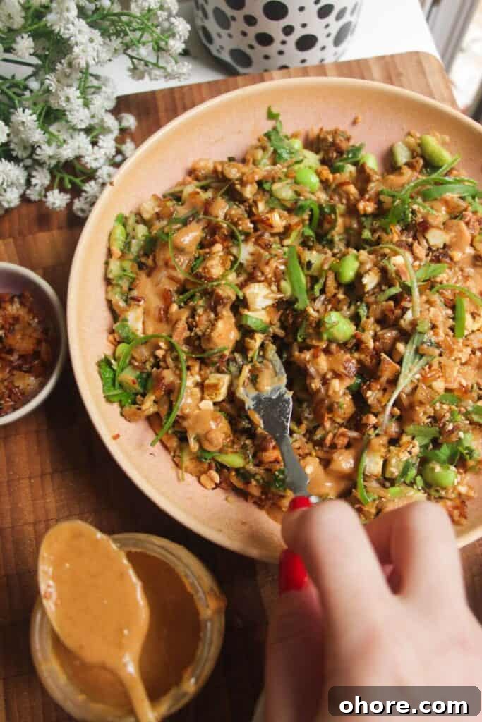 Crispy Rice Chicken Caesar Salad Recipe 13 Satay crispy rice salad in a pink bowl.