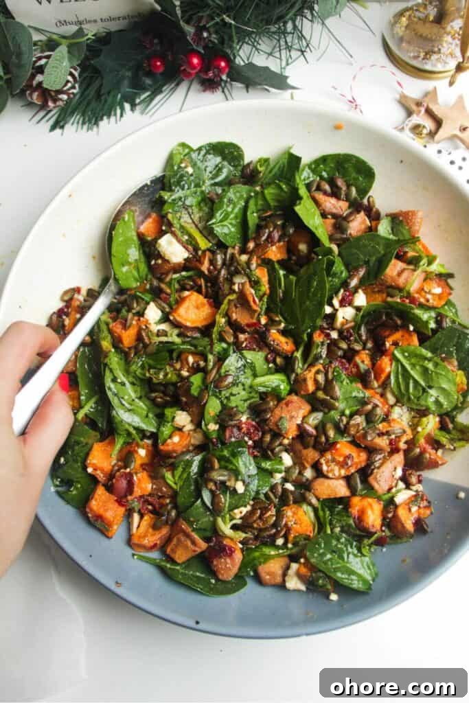 Crispy Rice Chicken Caesar Salad Recipe 14 Roasted sweet potato salad in a large white and blue bowl.