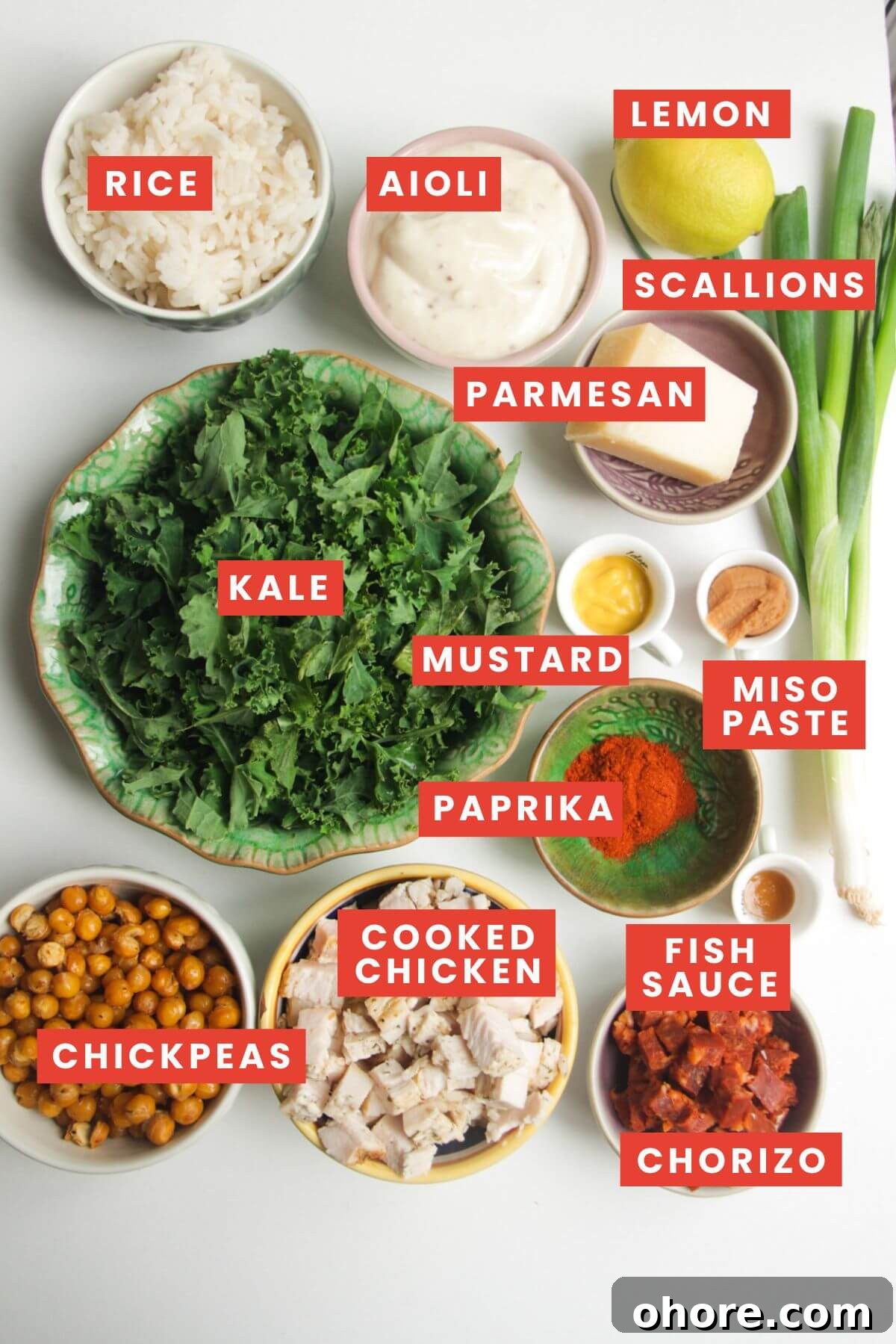 Crispy Rice Chicken Caesar Salad Recipe 3 Ingredients for chicken Caesar rice salad laid out and labelled.
