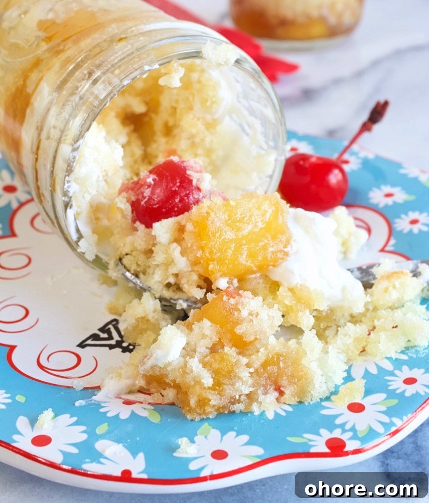 Pineapple Upside-Down Cake in Mason Jars: Individual Dessert Recipe 3 Close up of cake jar