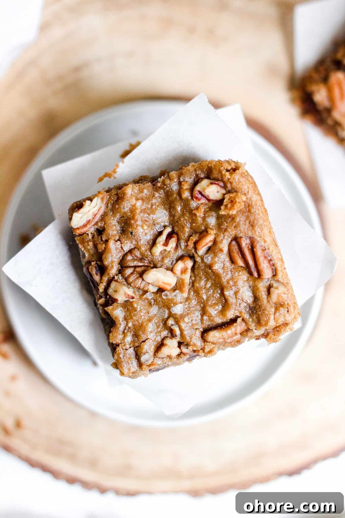 GF Salted Caramel Pecan Chickpea Blondies Healthy Vegan Gluten Free Dessert with Sea Salt and Nuts, Food Blog Photography