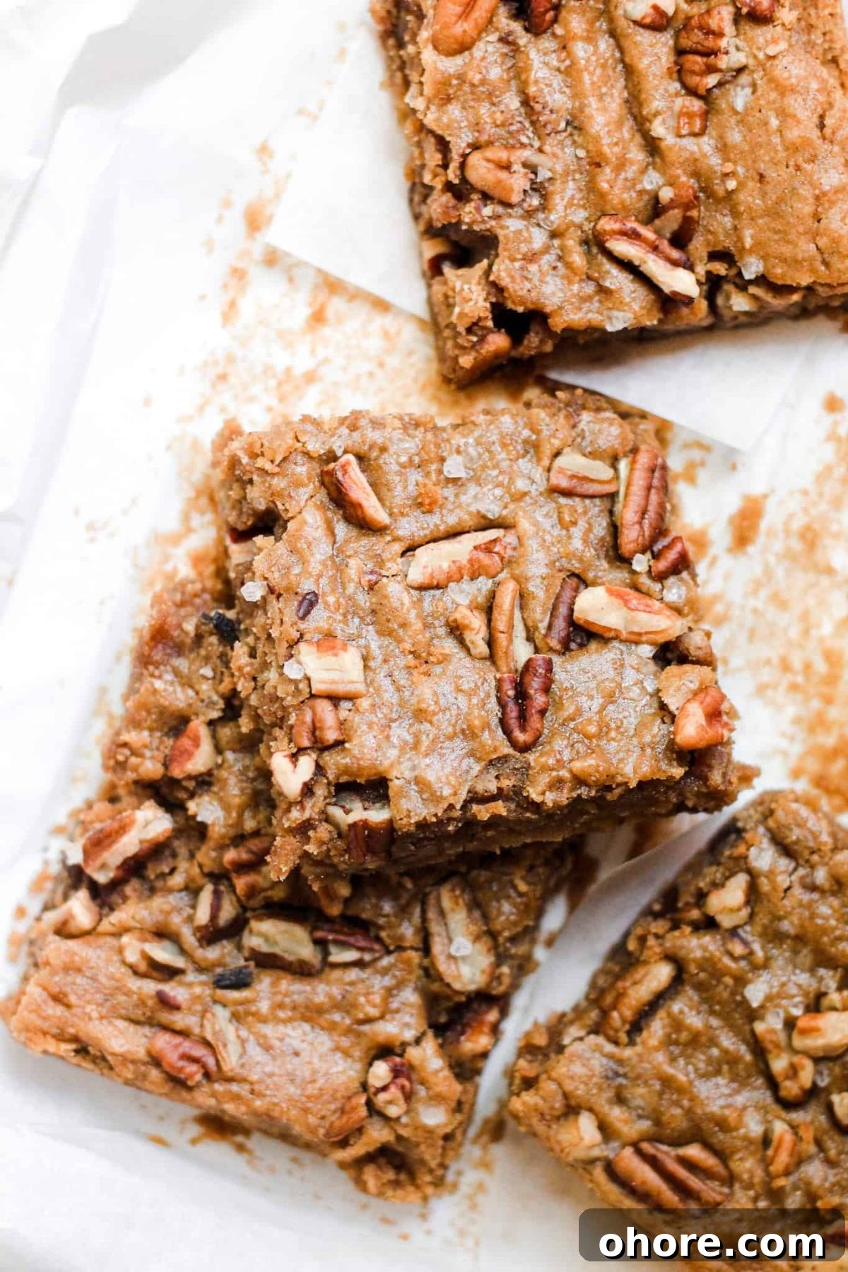 Salted Caramel Pecan Chickpea Blondies Healthy Vegan Gluten Free Dessert with Sea Salt and Nuts, Food Blog Photography