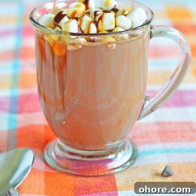 Spiked hot chocolate in a mug, decorated with marshmallows and chocolate syrup and caramel syrup
