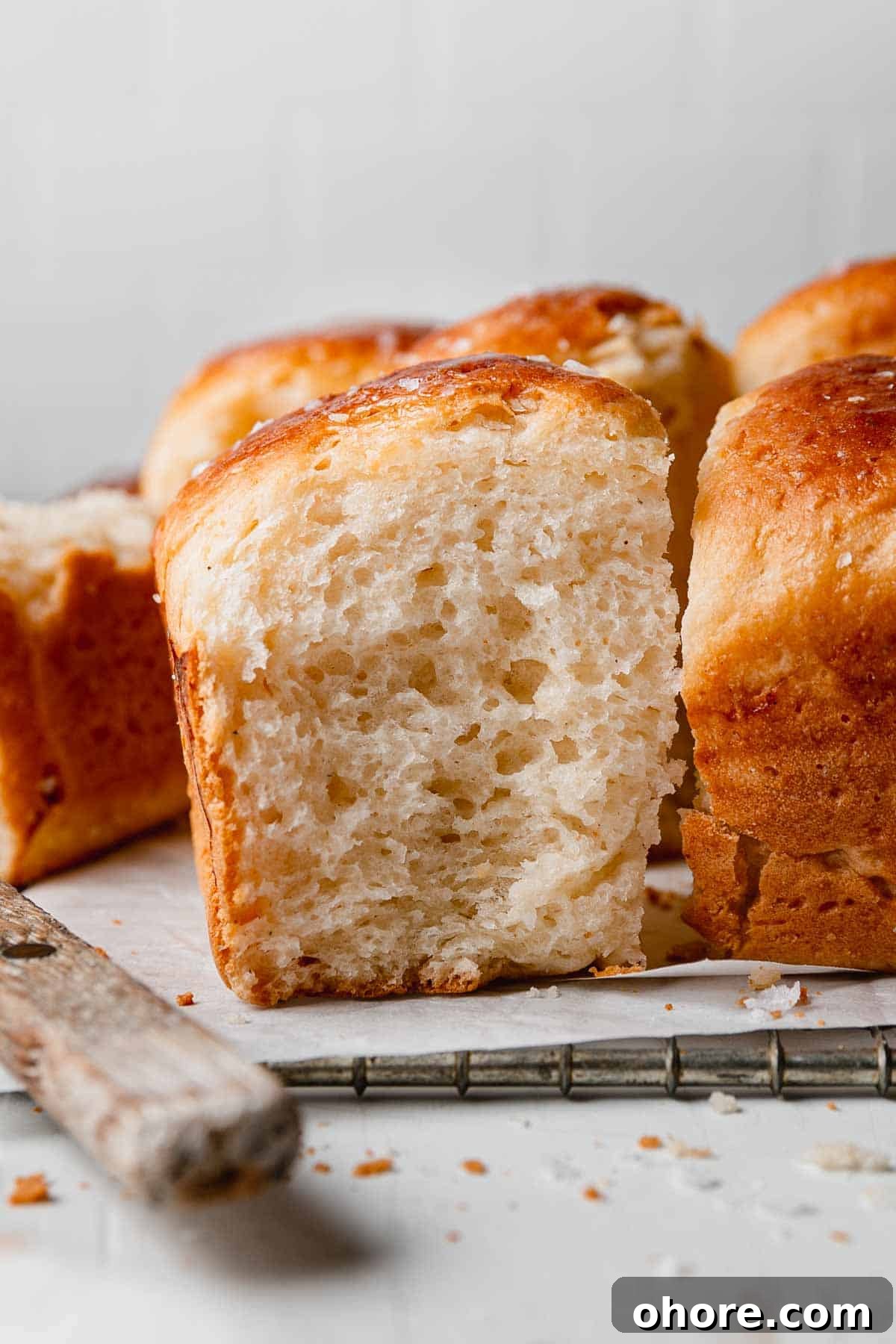 Soft Gluten-Free Dinner Rolls Recipe — Classic Homemade Rolls 3 Side of fluffy gluten free dinner roll with airy texture.
