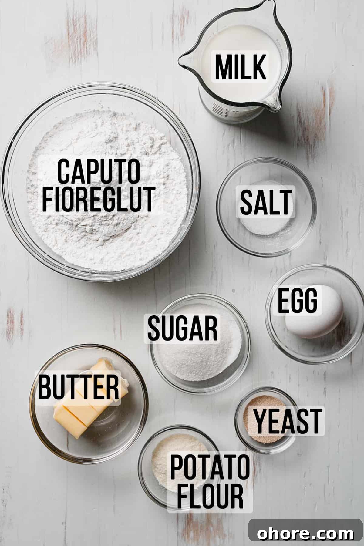 Soft Gluten-Free Dinner Rolls Recipe — Classic Homemade Rolls 5 Ingredients needed measured out in glass bowls.