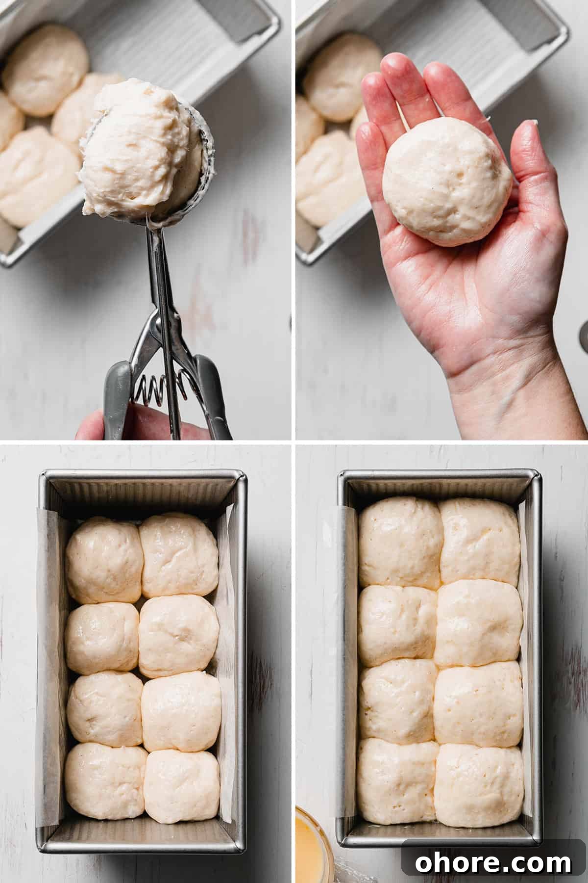 Soft Gluten-Free Dinner Rolls Recipe — Classic Homemade Rolls 7 Portioning the dough, rolling it into a ball, dough in a loaf pan.