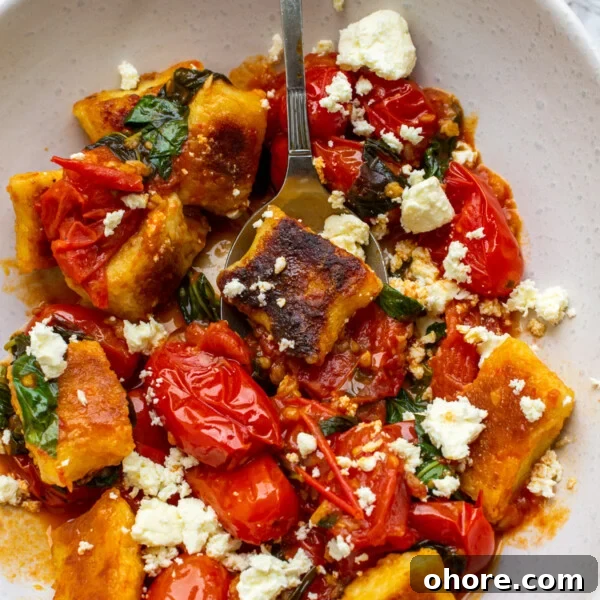 One-Pan Baked Creamy Broccoli Gnocchi Recipe 11 A closeup of an overhead view of a dish of pan-fried gnocchi in cherry tomato basil sauce with feta cheese sprinkled on top.