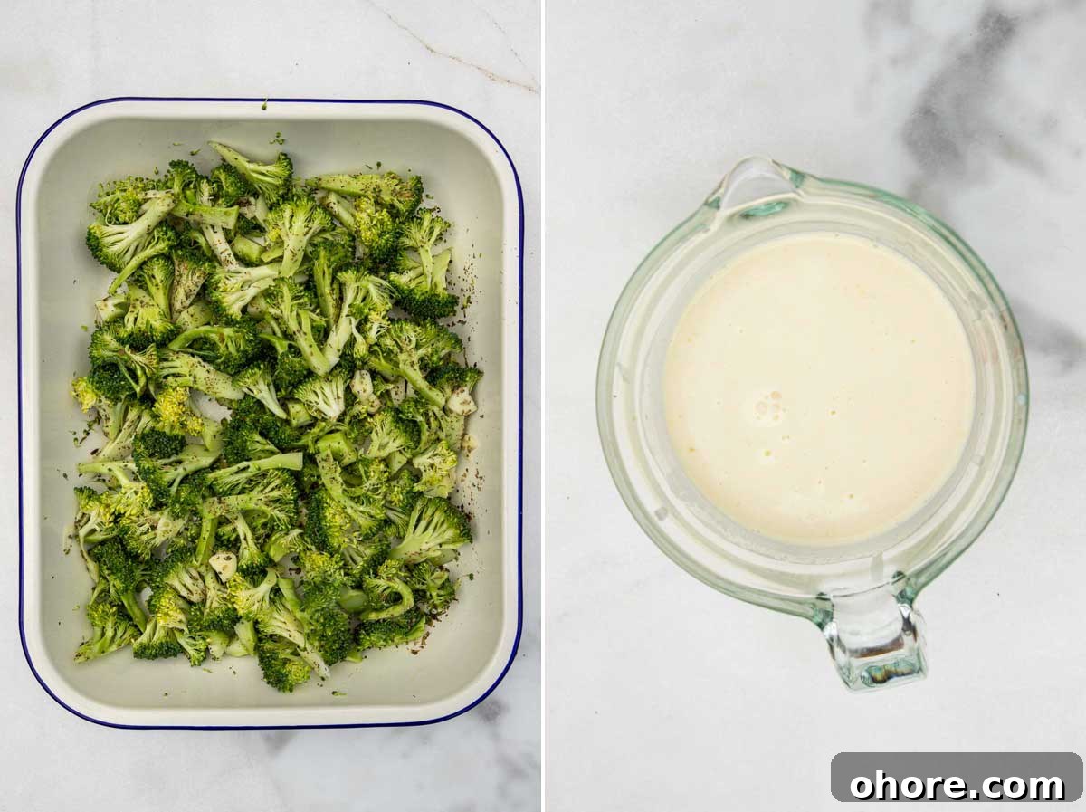 One-Pan Baked Creamy Broccoli Gnocchi Recipe 4 A collage of two images showing small broccoli florets and dried herbs in a blue-rimmed white baking dish, and then cream and broth in a jug.