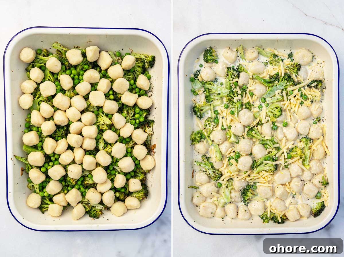 One-Pan Baked Creamy Broccoli Gnocchi Recipe 5 Collage of 2 images showing a white baking dish with a blue rim with broccoli peas and gnocchi in and then with a cream mixture and cheese over the top.