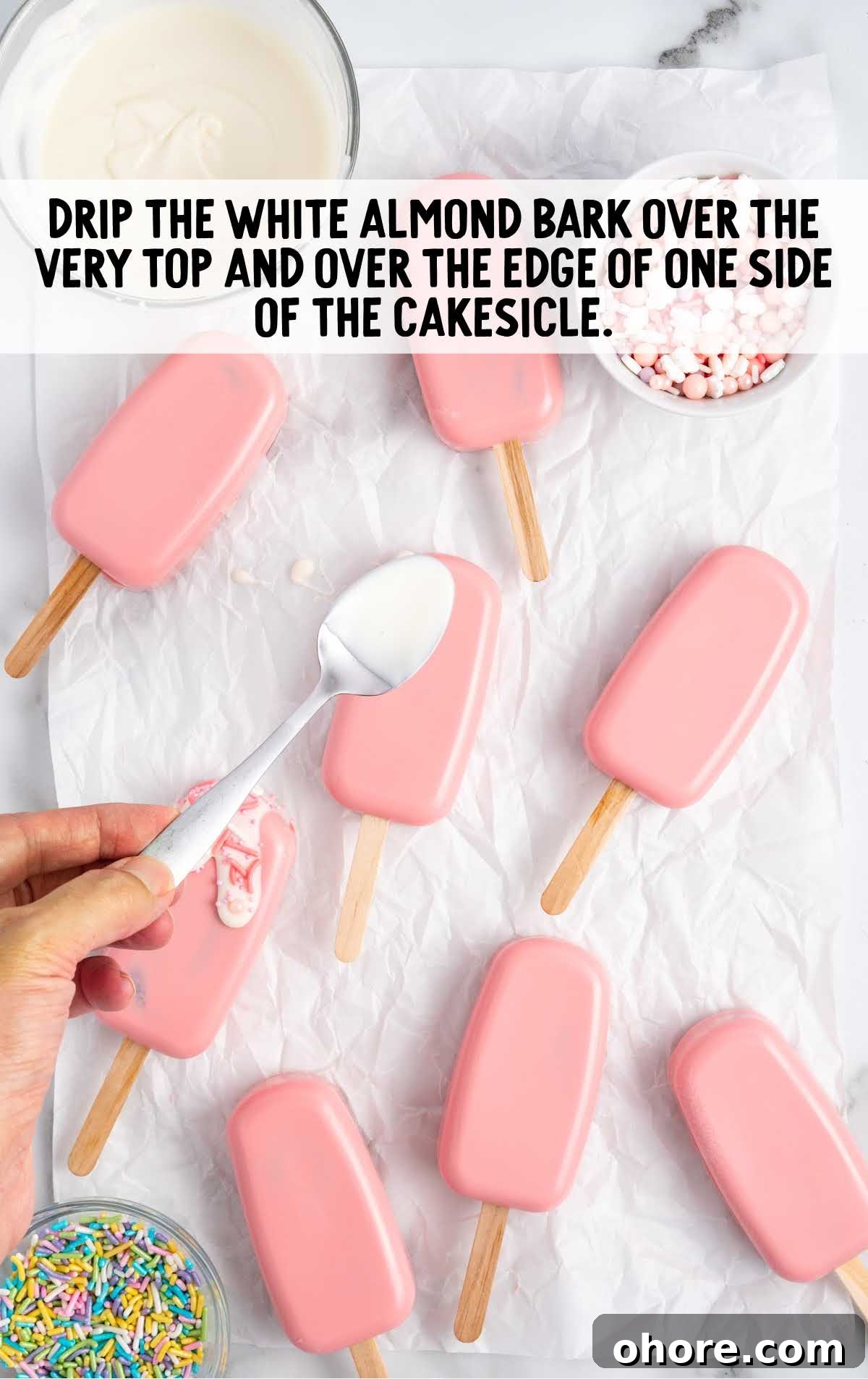 Cakesicle Recipes: How to Make Frozen Cake Pops at Home 11 white almond bark dripped over the top and edges of cakesicle