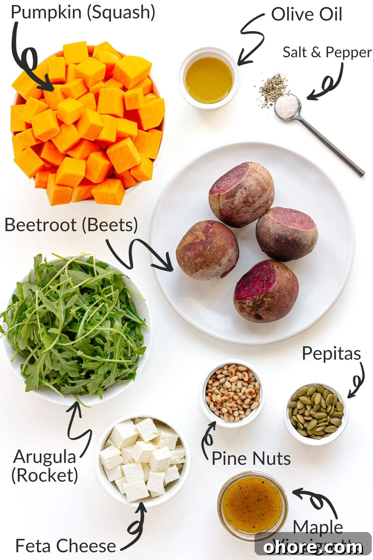 Roasted Pumpkin and Beetroot Salad with Feta and Toasted Seeds 4 Labelled photo of ingredients needed to make roasted pumpkin and beetroot salad.