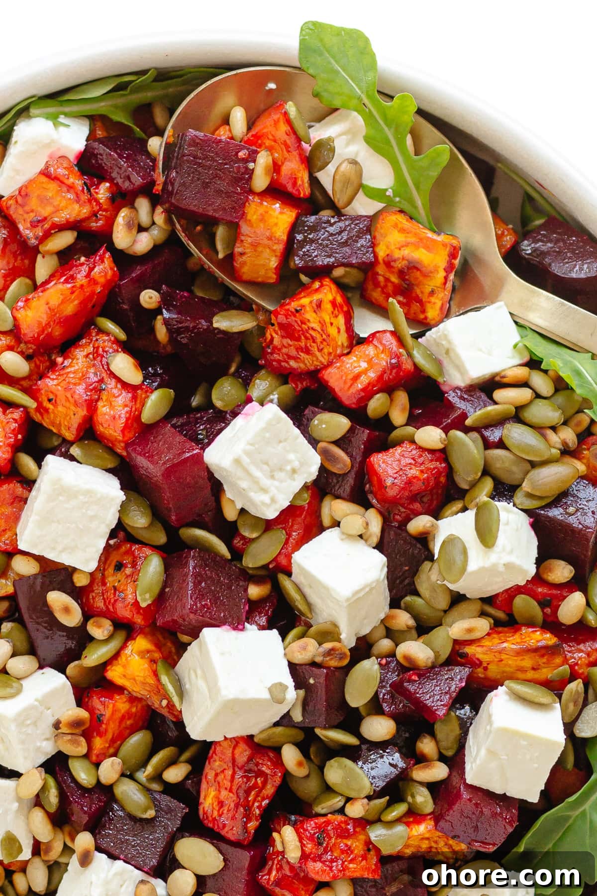 Roasted Pumpkin and Beetroot Salad with Feta and Toasted Seeds 10 Salad with roast pumpkin, beets, feta, arugula, pine nuts and pepitas.