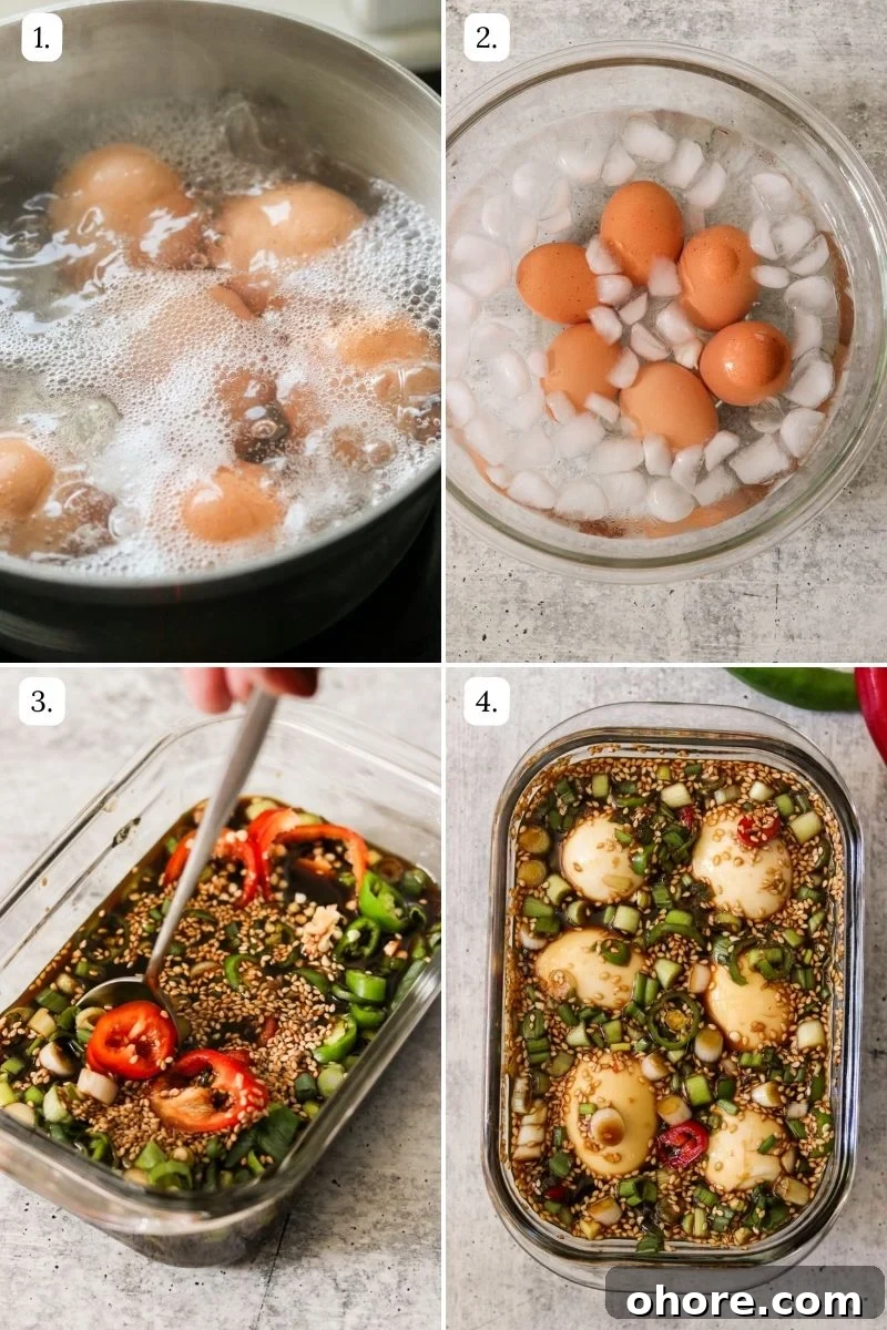 step by step photos showing the process of making mayak eggs: boiling in water, resting in an ice bath, marinating in a dish. 