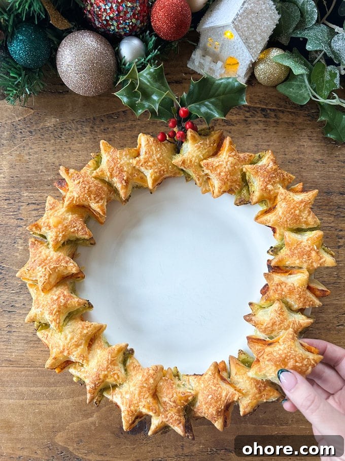 Pesto Puff Pastry Star Wreath Recipe for Holiday Appetizers 2 Star shaped puff pastry with red and green pesto