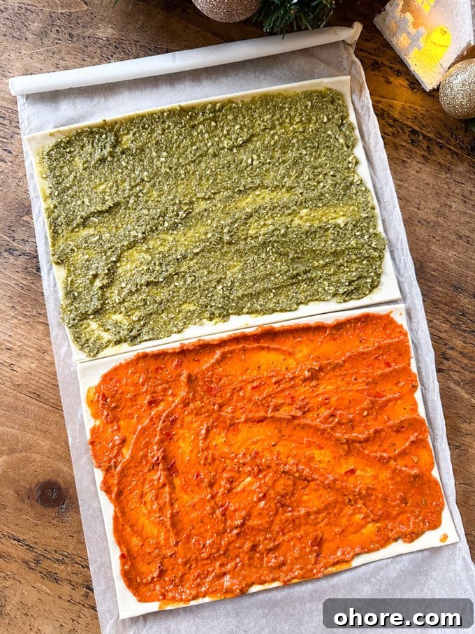 Pesto Puff Pastry Star Wreath Recipe for Holiday Appetizers 5 Pesto spread onto the pastry sheets.