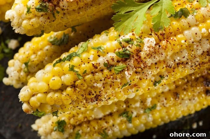 Corn on the cob with butter, chili powder and cilantro.