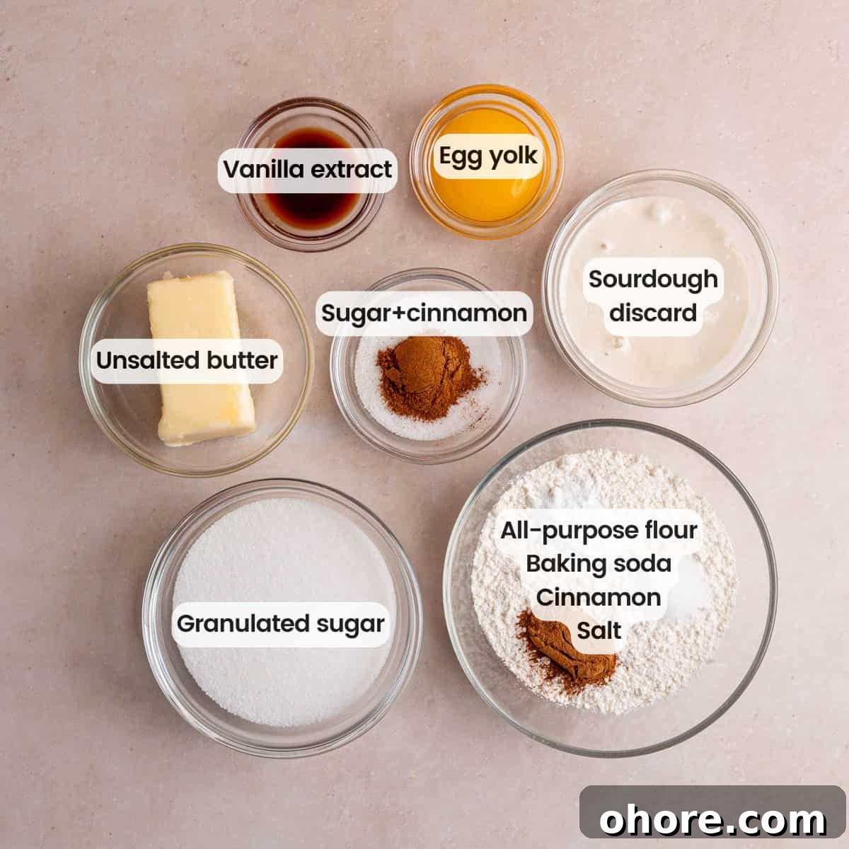 Ingredients needed to make snickerdoodle cookies with sourdough discard.