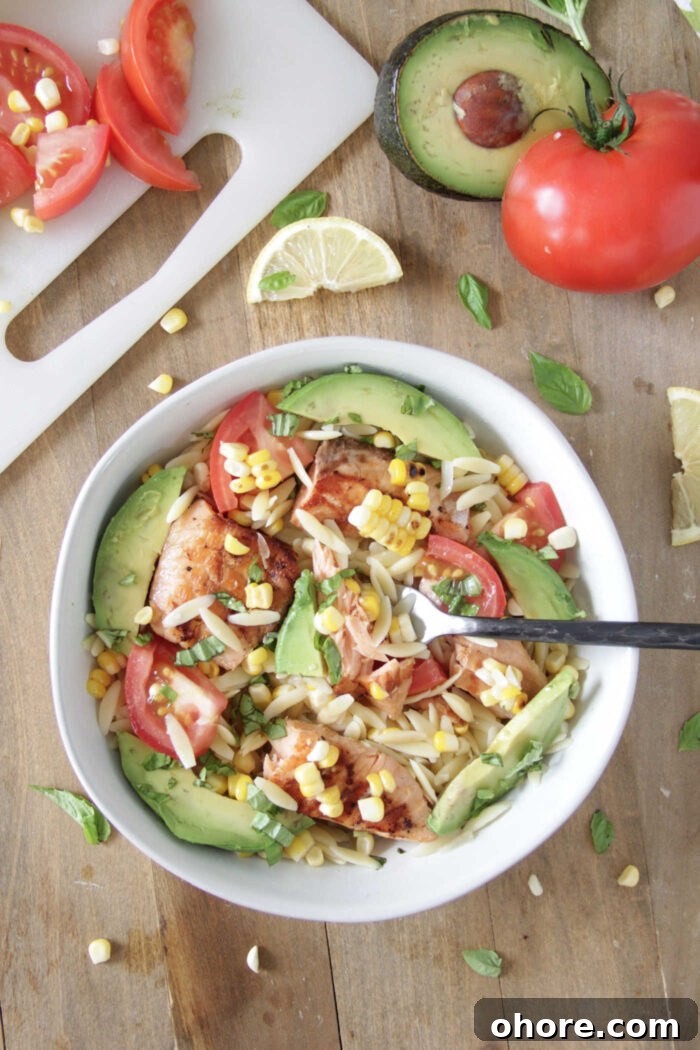 Grilled Salmon Orzo Bowls overhead shot in a white bowl