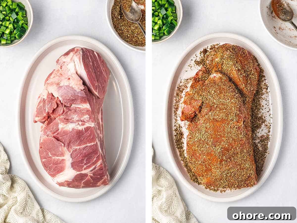 Authentic Slow Cooker Carnitas Recipe for Tender Shredded Pork 5 Set of two photos showing pork on a plate seasoned.
