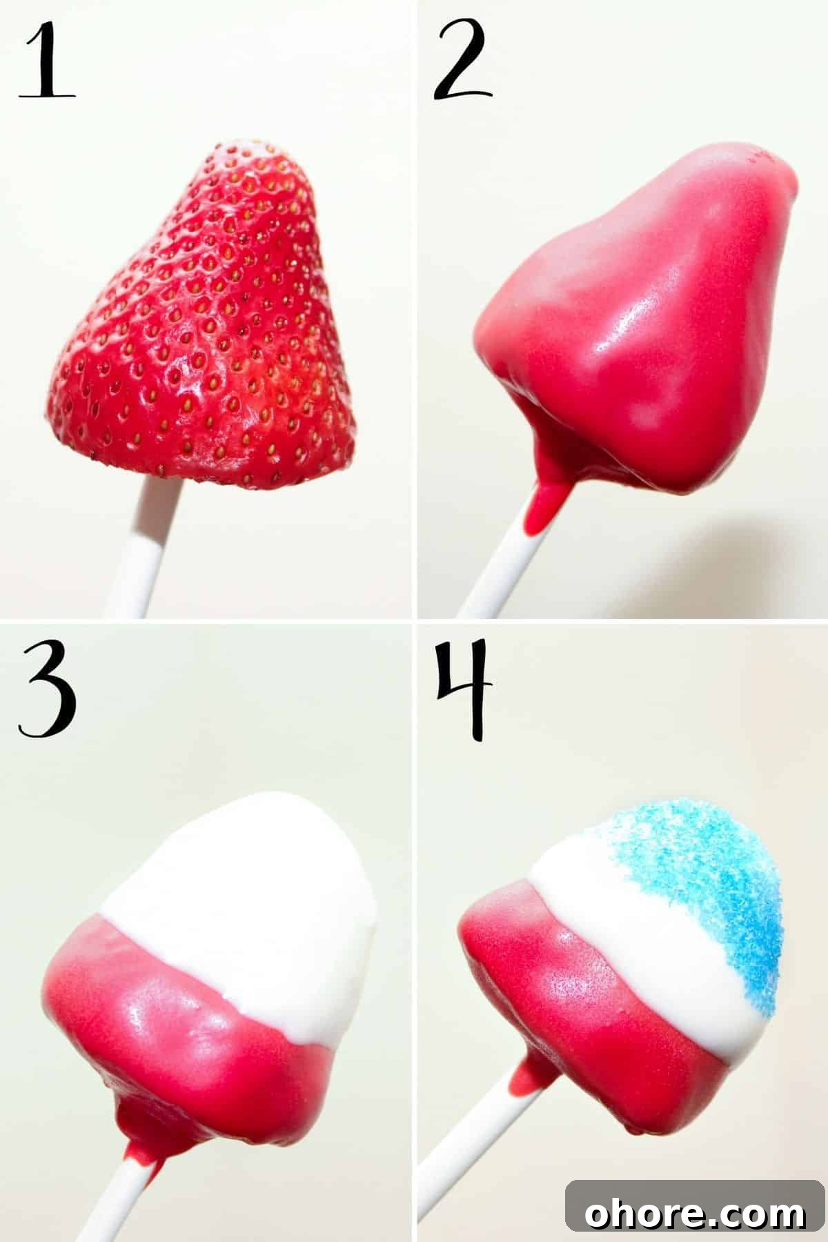 Sparkling Strawberry Firecracker Pops: Patriotic Summer Treats 3 How to dip strawberries for 4th of july: first put on stick, then dip in red candy melts, followed by white, then dip in blue sanding sugar.
