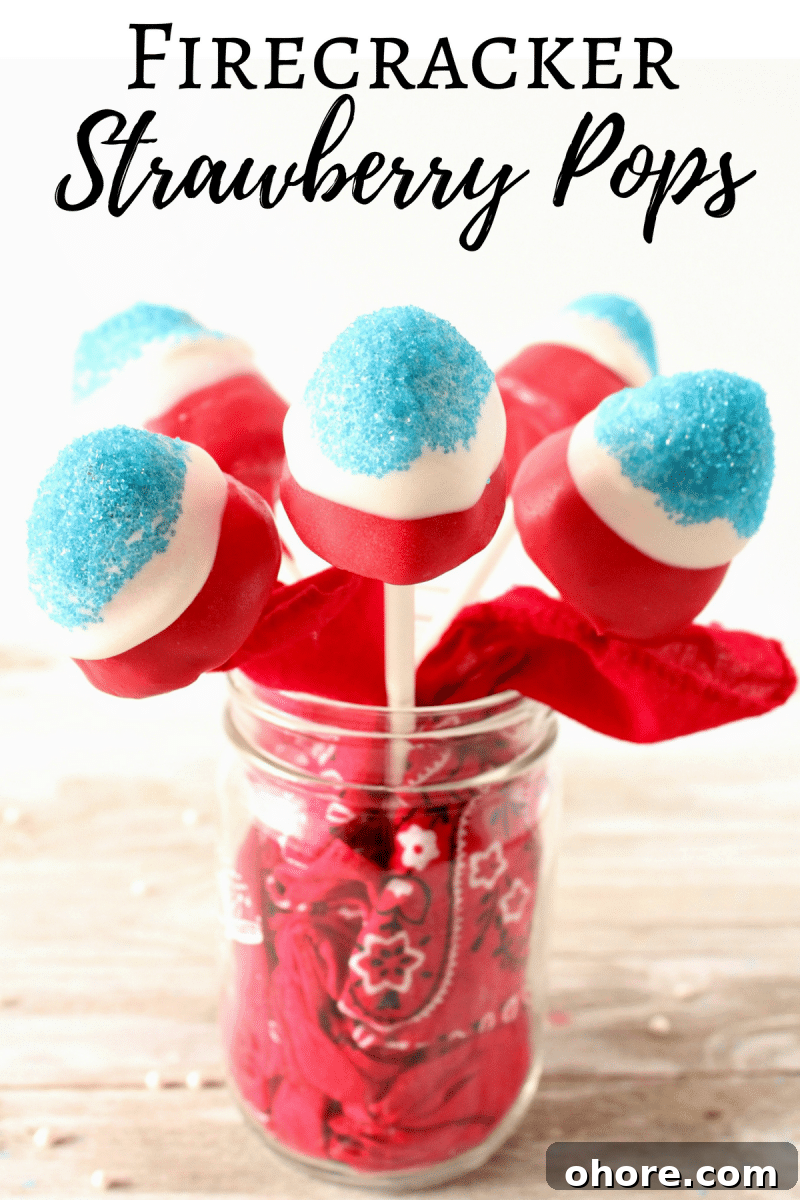 Sparkling Strawberry Firecracker Pops: Patriotic Summer Treats 8 Firecracker Strawberry Pops are a fun and festive dessert perfect for a 4th of July BBQ, patriotic Memorial Day celebration, or laid back Labor Day. These no bake red, white, and blue treats are easy to make, adorable, and tasty as can be.