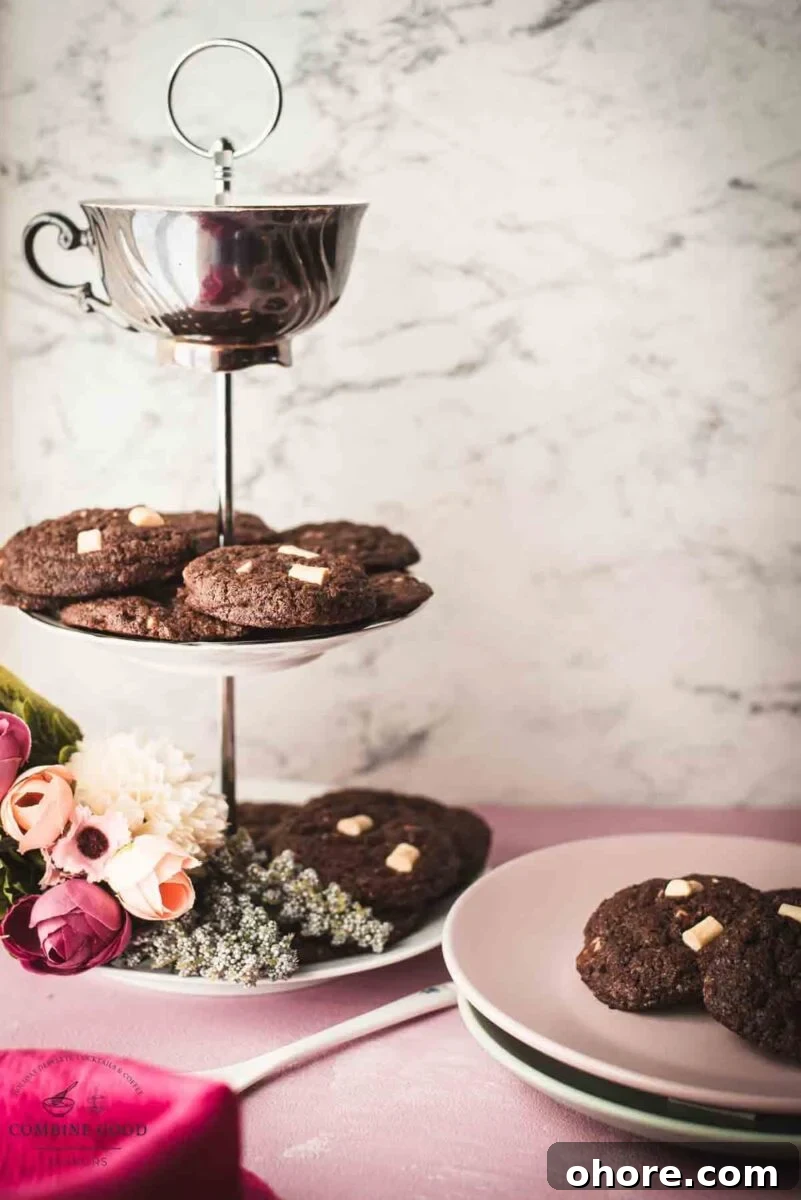Divine white chocolate chip cookies with an incredible dark chocolate dough. Placed on an beautiful etagere.