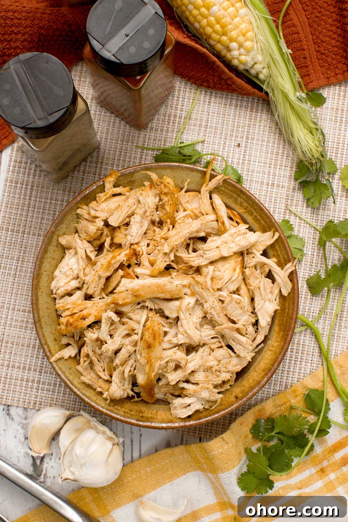 Stovetop Dutch Oven Shredded Chicken Recipe 8 A bowl of juicy Dutch oven shredded chicken.