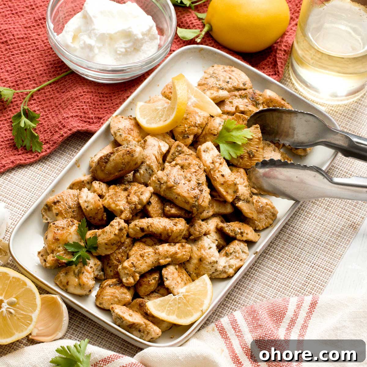 Stovetop Dutch Oven Shredded Chicken Recipe 10 A dish with greek yogurt marinated chicken breast diced in bite-sized pieces.