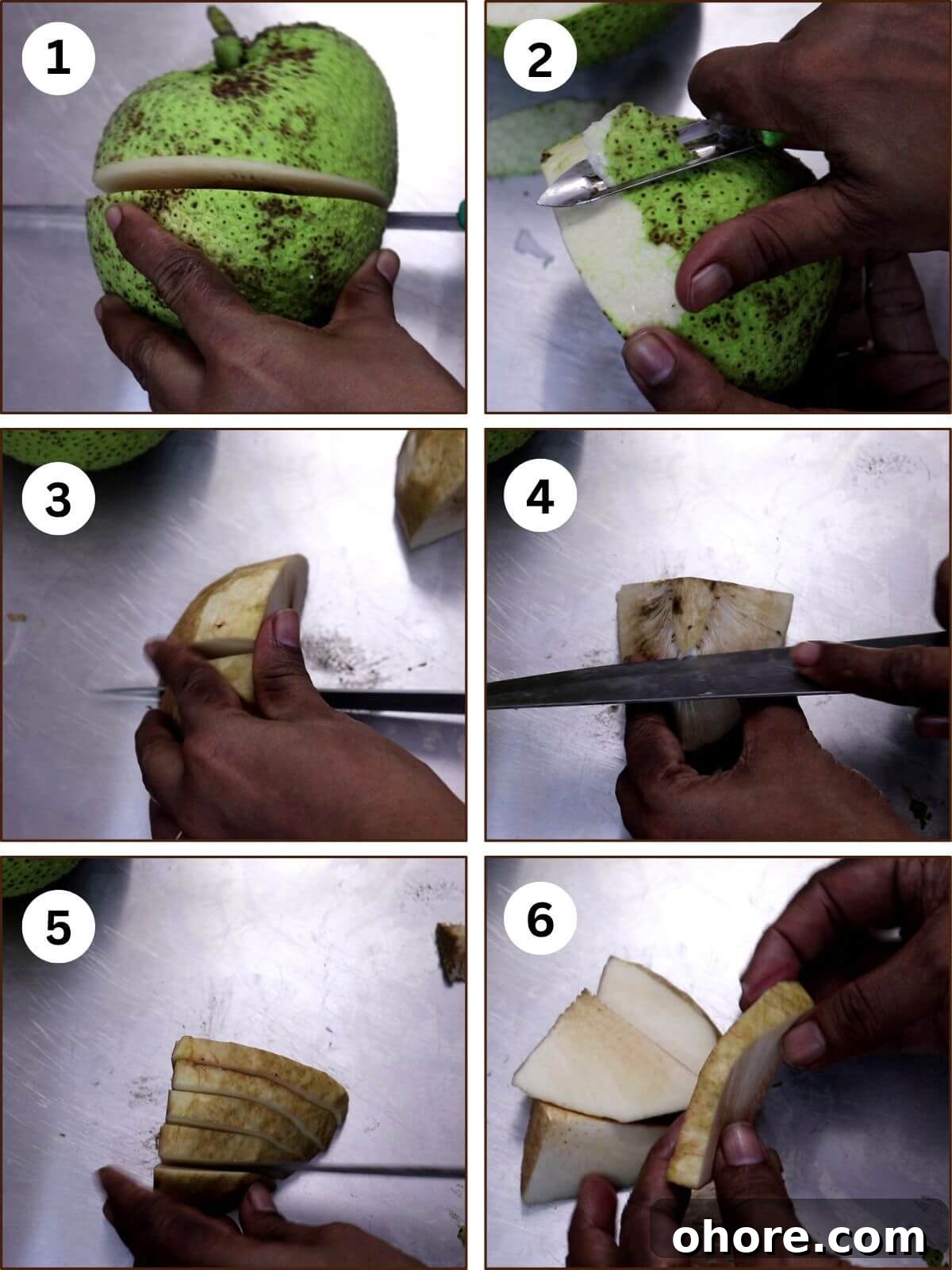 Crispy Breadfruit Fry (Nirpanas/Kadgi) Recipe 5 collage of 6 images showing how to cut breadfruit (nirpanas) to make kaap or fry.